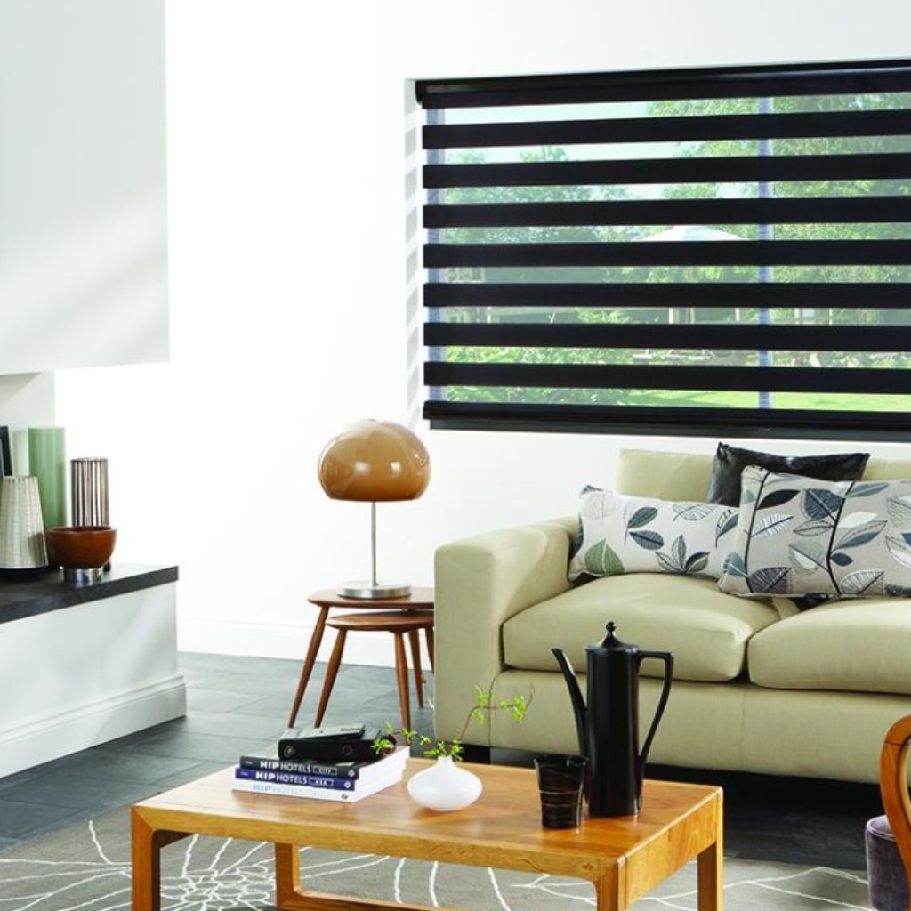 black venetian blinds living room