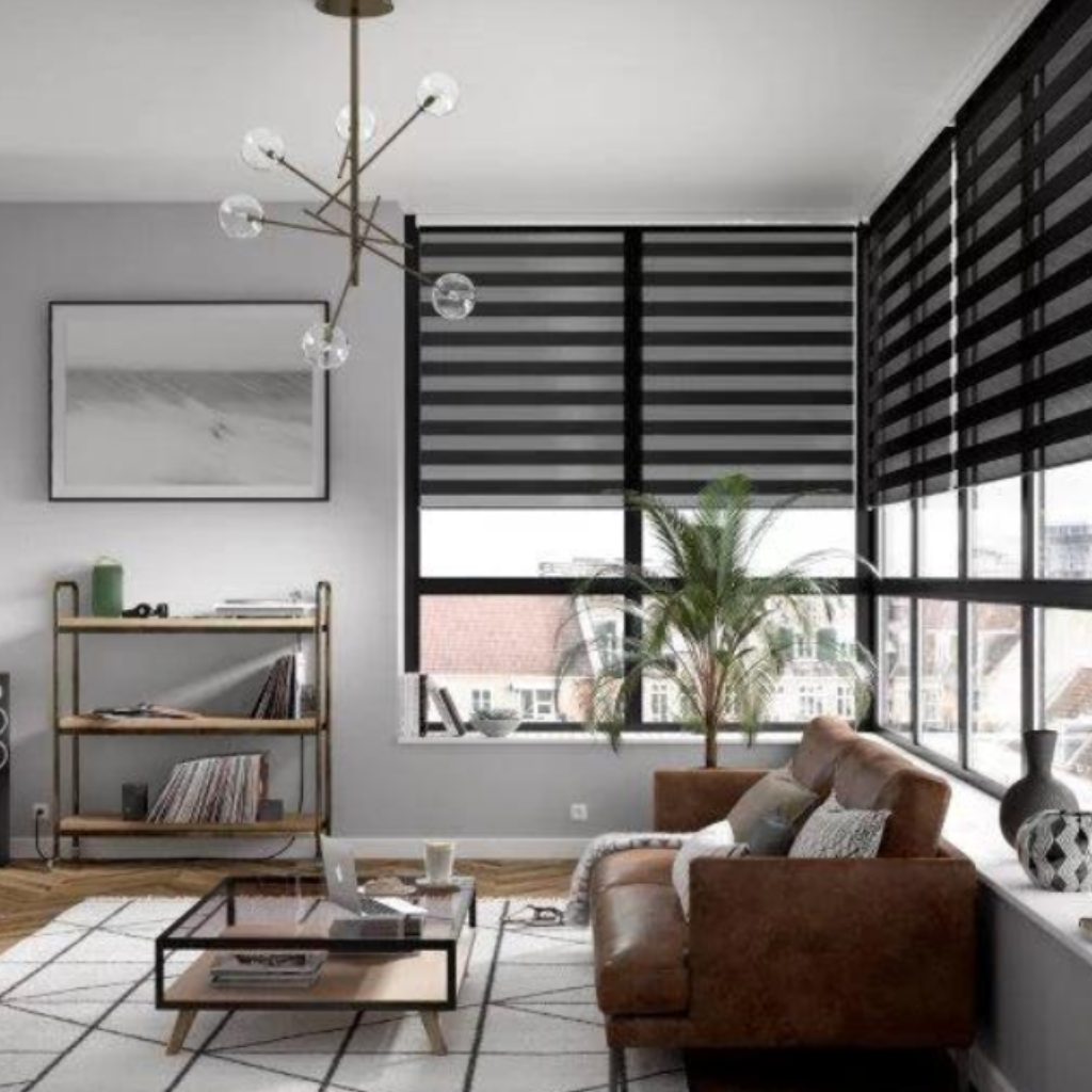 modern living room motorised blinds black